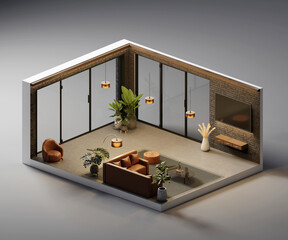 Wall Mural - Isometric view living room muji style open inside interior architecture 3d rendering digital art