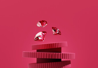 Poster - Abstract ruby diamond gem placed on red pedestal background 3d render