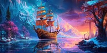 Illustration Of  Beautiful Nature Landscape Of Enchanted River With Ancient Ship, Generative Ai