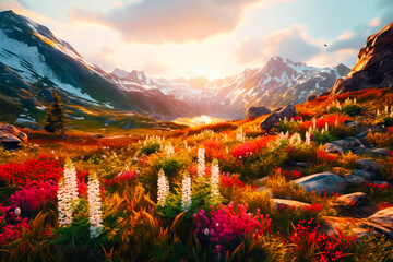 Wall Mural - Mountains and flowers at sunset