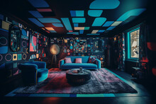 Minimalist Living Room. Dark Blue Color Palette. Centered Perspective. Interior Design