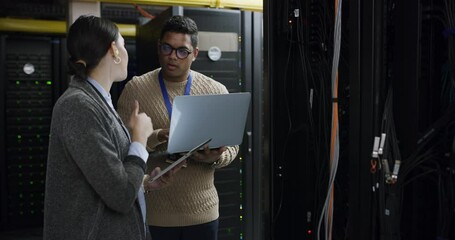 Poster - Team, problem solving and data center, woman and man with tablet, laptop and coding for network update. Tech employees, system maintenance and cybersecurity, teamwork in server room, talking together