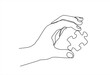 © mitay20 - Continuous one line drawing of hand and puzzle. Business matching - connecting puzzle elements.  Puzzle game symbol and iconic business metaphor for problem solving, solution and strategy.