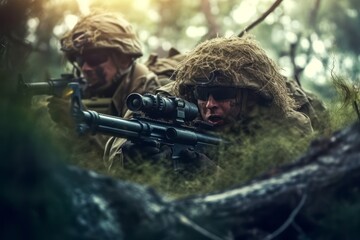 Capturing soldiers taking cover and returning fire during an intense combat situation, representing the danger and adrenaline of the battlefield. Generative Ai