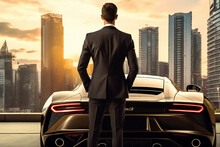 Rich Business Man Wearing A Suit Standing Next To Supercar With City Skyline Background