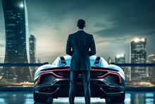 Rich Business Man Wearing A Suit Standing Next To Supercar With City Skyline Background