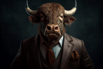 Wall Mural - Portrait of a Buffalo dressed in a formal business suit, generative AI