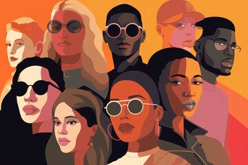 Sticker - A group of people with sunglasses on a colorful background. Generative AI image.