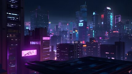 A cyberpunk city at night with neon lights