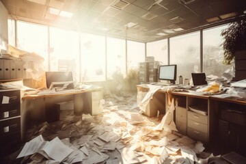 Wall Mural - A messy office with a lot of papers on the floor. Generative AI image.