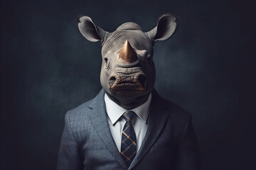 Wall Mural - Portrait of a Rhinoceros dressed in a formal business suit, generative AI