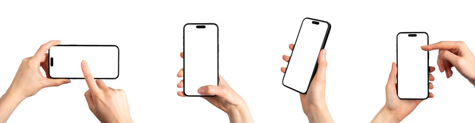 Poster - Mobile phone screen mockup, smartphone display mock-ups in hands set, isolated on white.