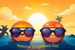 National sunglasses day two cool characters floating in the sea by a tropical island generative AI illustration