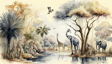 Watercolor Painting Style, High Quality Digital Art, Landscape On An African Tropical Forest With Trees Next To A River With Giraffes And Birds, Generative AI