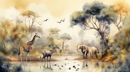  Watercolor painting style, high quality digital art, landscape on an African tropical jungle with trees next to a river with giraffes, elephants and birds, Generative AI