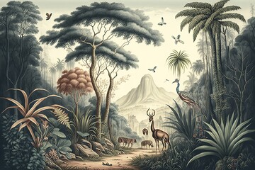  Jungle wallpaper, tropical forests with valleys, deer, colorful birds and butterflies in a vintage landscape drawing, Generative AI