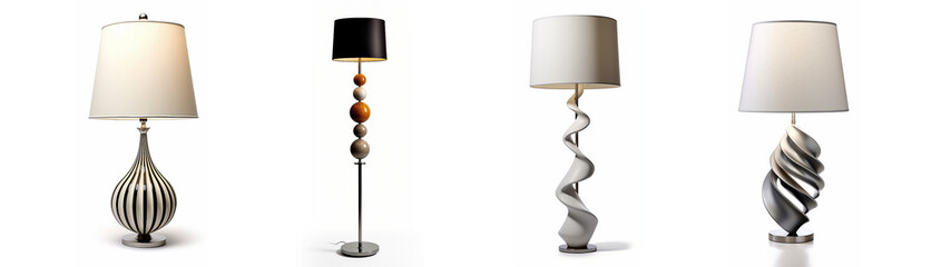 Set with different stylish floor lamps on white background