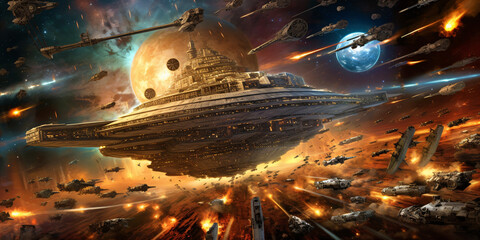 formidable destroying forces in the universe, alien space fighter attack, science fiction illustration, generative ai