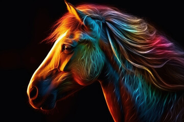 Abstract neon horse on black background, AI Generated