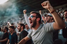 Group Of Joyful Fans At The Stadium Celebrating The Victory Of Their Team Football Sport Concept Generative Ai