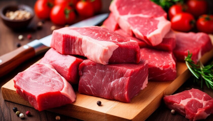 Poster - Freshly chopped sirloin steak on rustic wooden cutting board generated by AI