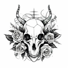 Wall Mural - A skull with horns, roses and a cross. Generative AI.