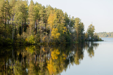Wall Mural - autumn colorful foliage with lake reflection.cloudy sky over autumn lake.forest river nature landsca
