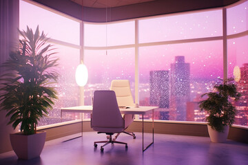 Poster - Purple neon lighted office with a city view