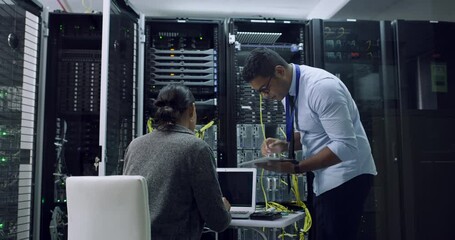 Poster - Teamwork, problem solving and data center, woman and man with tablet, laptop and network administration. Tech employees, system security maintenance and technician team online in server room together