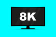 © mi-vector - Flat screen tv with 8k Ultra HD video technology. Digital wide television concept. Led television display with high definition digital tech symbol. Idea of wide screen computer monitor