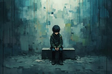 Wall Mural - illustration girl in depression dark mental health generative ai 