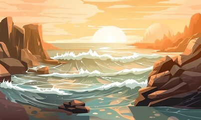 Sticker -  a painting of a sunset over the ocean with rocks and waves in the foreground and the sun setting over the ocean and rocks in the background.  generative ai