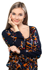 Sticker - Smiling Woman Standing and Resting Head on Hand - Isolated