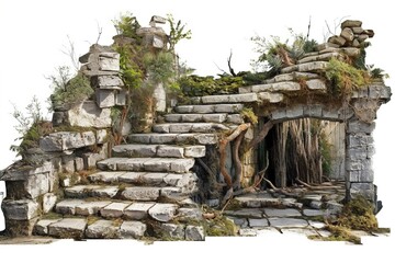 Wall Mural - the ruined part of the house overgrown with grass is isolated on a white background. Generated by AI.