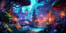 Anime Illustration Scenery Background Wallpaper, Old Ancient Village Street Among Mushroom Forest, Generative Ai