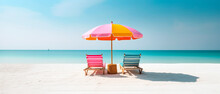 Colorful Parasol And Beach Bed With Blue Sky And White Beach. Generative Ai 