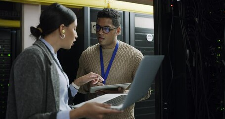 Leinwandbilder - Engineering, problem solving and server room, woman and man team with tablet, laptop and network update. Tech employees, system maintenance and cybersecurity, teamwork in data center talking together