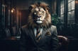 Portrait of a Lion dressed in a formal business suit, generative AI