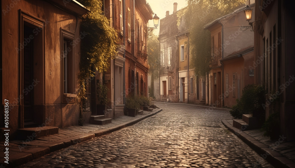 Medieval Gothic architecture illuminates old town narrow cobblestone ...