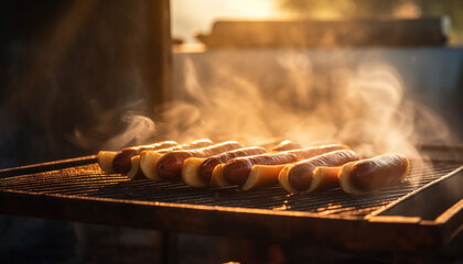 Poster - Grilled meat on skewers, cooked over glowing coals outdoors generated by AI