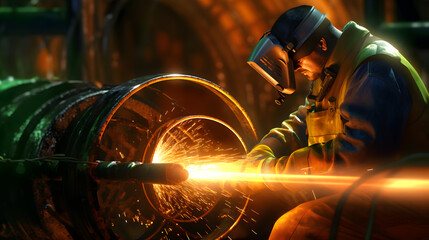 Canvas Print - Welder working with electrode at semi-automatic arc welding in manufacture production plant.Created with Generative AI technology.