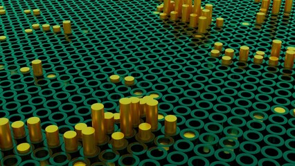 Poster - Abstract yellow columns moving up and down through green plastic holes. Design. Technology simple concept.