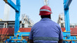 Latino worker seen from behind maritime logistics at a cargo port