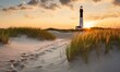 © Anna - a light house on a sandy beach with grass in the foreground and the sun setting in the distance in the distance with clouds in the sky.  generative ai