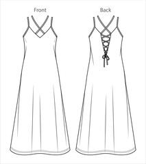 Wall Mural - Vector maxi dress with shoulder straps technical drawing, woman V-neck slip dress with opened back fashion CAD, sketch, template, flat. Jersey or woven fabric dress with front, back view, white color