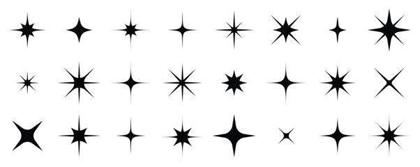 sparkles, stars and bursts icons, twinkling stars.vector set of different black sparkles icons on tr