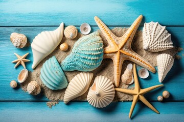 Wall Mural - Summertime concept with sea shells and starfish on a blue wooden background with sand. Generative AI