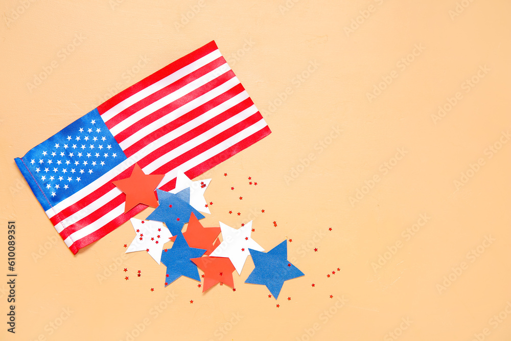 USA flag, colorful stars and confetti on beige background. Independence Day celebration