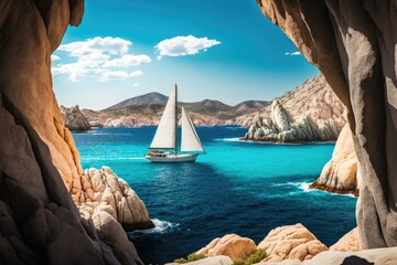 Poster - Incredible view of sailboat sailing near the cliffs of Santa Teresa Gallura. Popular Mediterranean seaside resort area. Location: Sardinia, Italy, Santa Teresa Gallura, Province of Generative AI