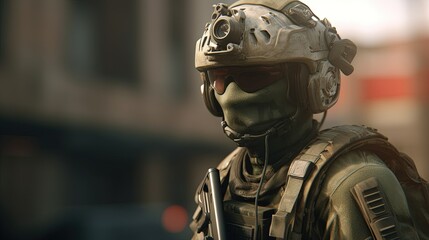 Modern soldier in war zone created with Generative AI technology.